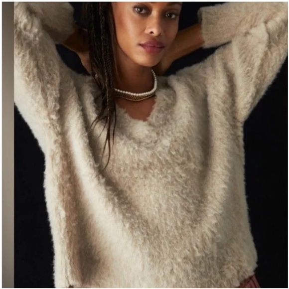 Anthropology Maeve Plush V-Neck Pullover Sweater- X-Small- Tan - Picture 3 of 9